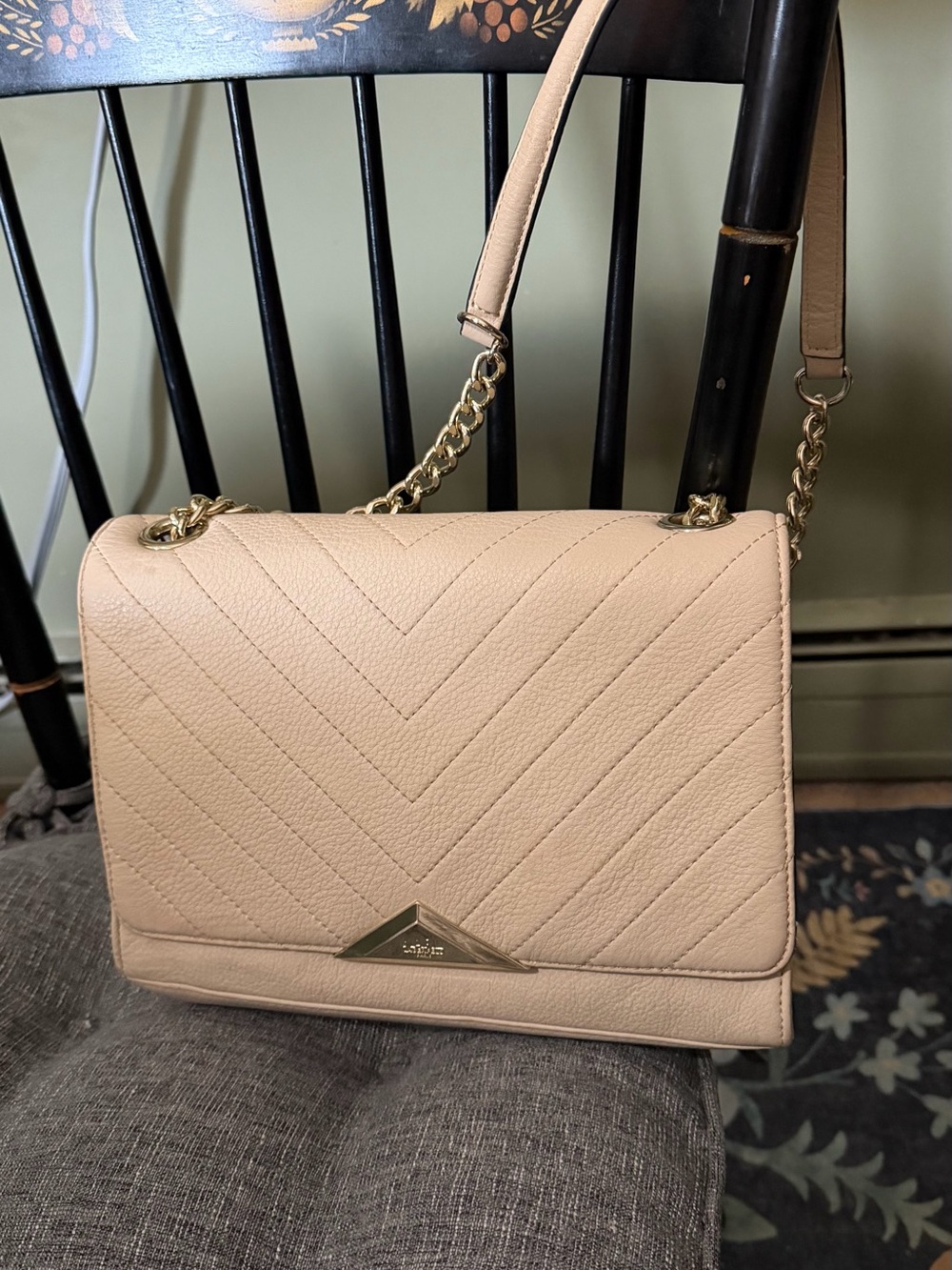 Karl Lagerfeld Cream Quilted Leather Shoulder Bag with Gold Chain